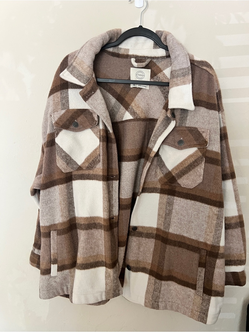 Stoosh Brown and Cream Plaid Utility Shacket